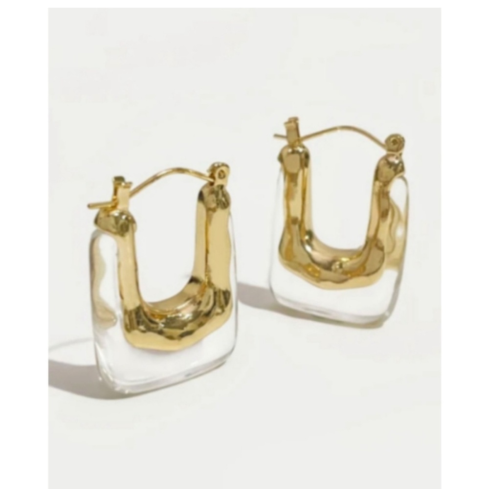 Anthropologie Milan Clear Water Drop Trendy Gold U-Shaped Geometric Earrings